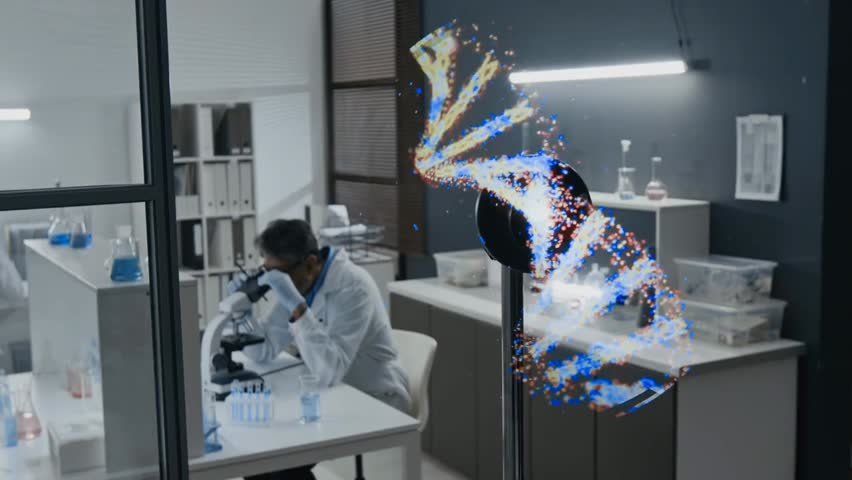 Close-up of a rotating DNA helix displayed as a 3D hologram LED fan in a high-tech lab, with scientists developing a revolutionary drug in the background. - Powered by Shutterstock - Get 15% off with code: PIKWIZARD15