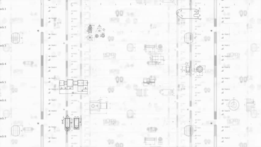 Looped CGI of technical drawing fragments, blueprints, and components flying through 3D space on a white background for futuristic visuals.
