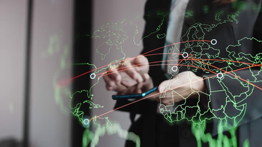 Businesswoman in black suit using smartphone to analyze cyber attacks on a world map, with double exposure of global network threats. - Powered by Shutterstock - Get 15% off with code: PIKWIZARD15