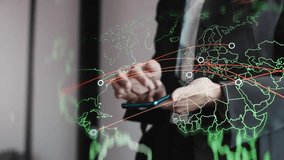 Businesswoman in black suit using smartphone to analyze cyber attacks on a world map, with double exposure of global network threats. - Powered by Shutterstock - Get 15% off with code: PIKWIZARD15