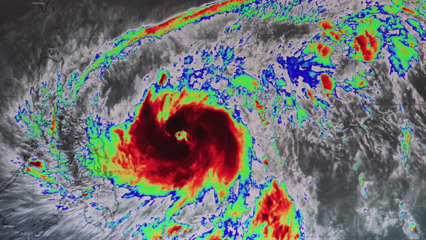 The weather forecast interface on the digital screen shows the storm., Global warming concept
