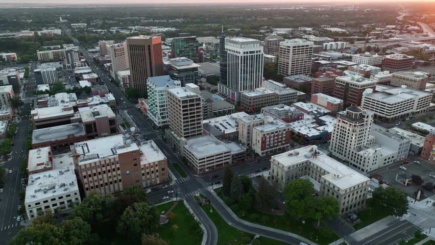 Aerial view of the dense downtown Boise, Idaho city blocks and architecture