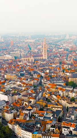 Vertical video. Antwerp, Belgium. Panorama overlooking the Cathedral of Our Lady (Antwerp). Historical center of Antwerp. City is located on the river Scheldt (Escaut). Summer morning. Aerial View. R
