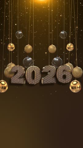 Happy New Year 2026 falling on strings fireworks copy space. Happy New Year greeting card 3D . 2026 gold numbers golden falling confetti decoration glow light effect, festive sparkle. 3D Illustration