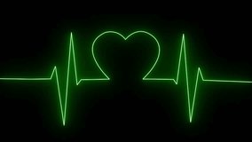 Glowing green neon line animation of an ECG heartbeat waveform and a beating heart in the center on a black background, symbolizing health or life. - Powered by Shutterstock - Get 15% off with code: PIKWIZARD15