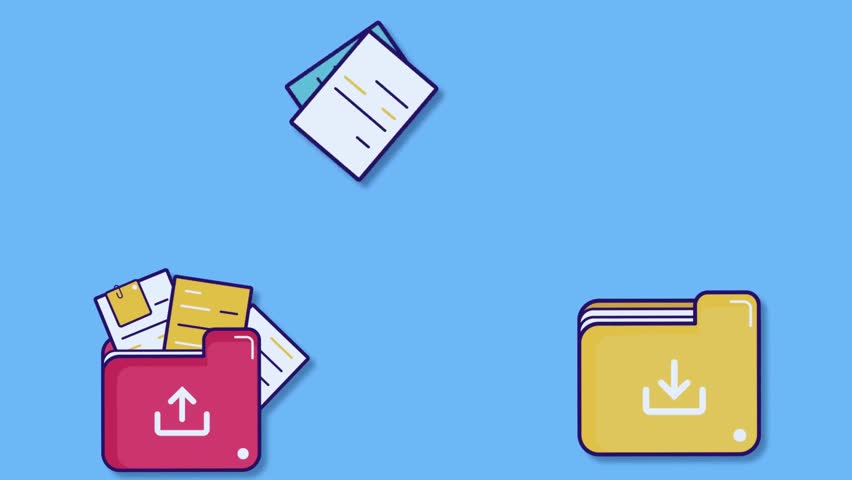 Animation illustrating file transfer from a sender to a receiver, with data packets moving between two devices or locations. Visualizes digital communication, data exchange, networking, and secure transfer concepts, ideal for technology explainers, IT, and business visuals.