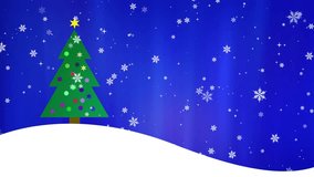 cartoon style christmas scene animation, xmas tree decorated with ornaments on a deep blue aurora borealis background with falling snow and drifting snowflakes - Powered by Shutterstock - Get 15% off with code: PIKWIZARD15
