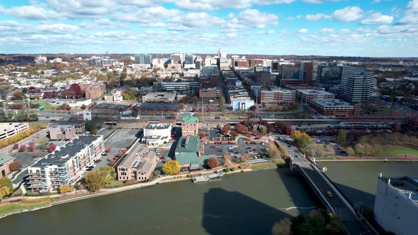 Wilmington Delaware descending drone of river and skyline autumn morning