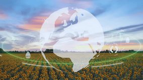  A glowing holographic globe rotates over a vibrant sunflower field, surrounded by green energy symbols representing climate solutions and a sustainable planet. - Powered by Shutterstock - Get 15% off with code: PIKWIZARD15