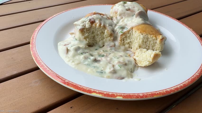 Eating a Plate of Southern Sausage Gravy on Biscuits 