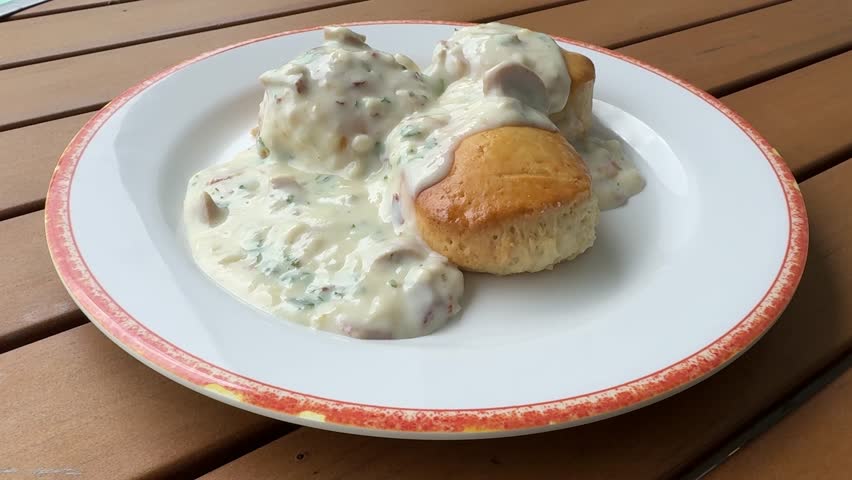 Eating a Plate of Southern Sausage Gravy on Biscuits 