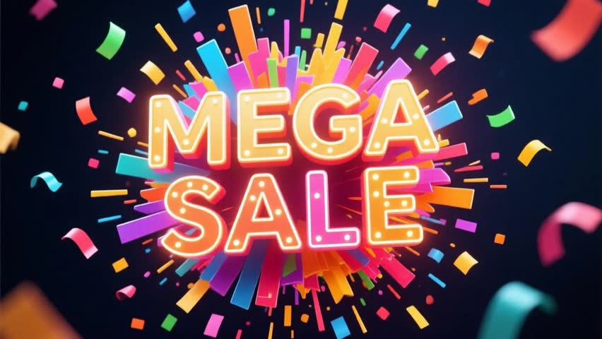 Boost your business with this dynamic mega sale video! Vibrant confetti and bold lettering create excitement, perfect for grabbing attention and driving sales now