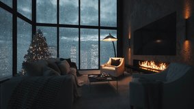 Cozy Winter Hotel Bedroom with Fireplace and Snowstorm View – Night Cityscape Animation - Powered by Shutterstock - Get 15% off with code: PIKWIZARD15