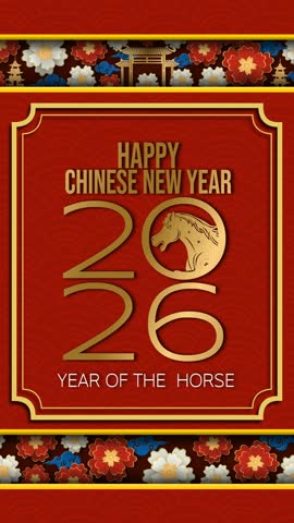 Elegant vertical animation featuring a golden horse symbol, bold New Year typography, red decorative patterns, and floral borders. Ideal for CNY 2026 stories and promo content.