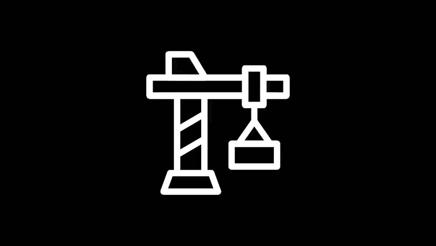 An illustration of a construction crane in white against a black backdrop, depicting the lifting of a rectangular load.