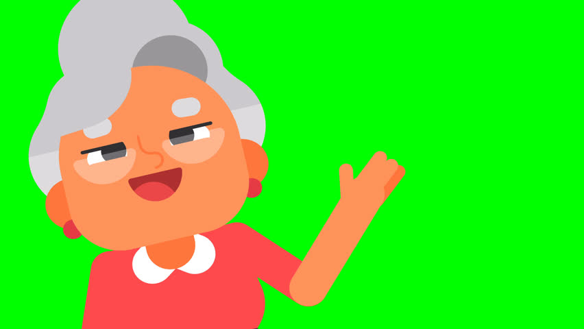 3D animation of Granny Lala sliding in and waving with a cheerful smile, perfect green screen asset for greetings, social media intros, or presentation openers.