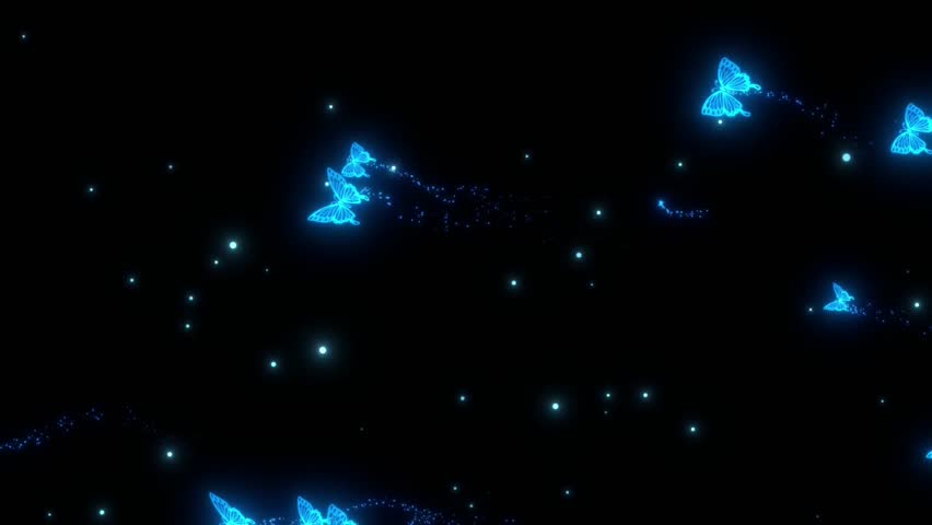 Flying Blue Neon Butterflies with Glitter Trail Loop Background