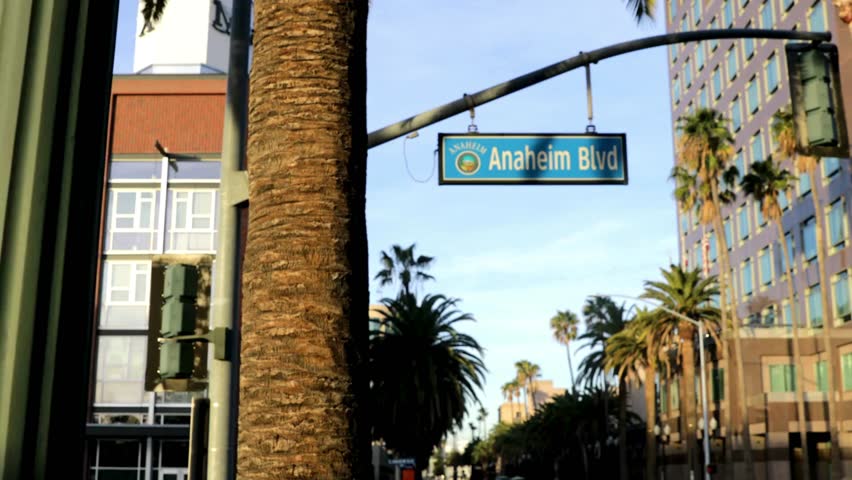 A pan shot moves past an Anaheim Blvd street sign, revealing a sunny, palm tree lined city street surrounded by tall, modern buildings and hotels.
