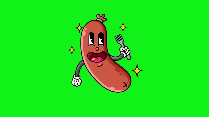 A fun and quirky animated sausage character holding a fork, set against a vibrant green screen background, perfect for food-related content.