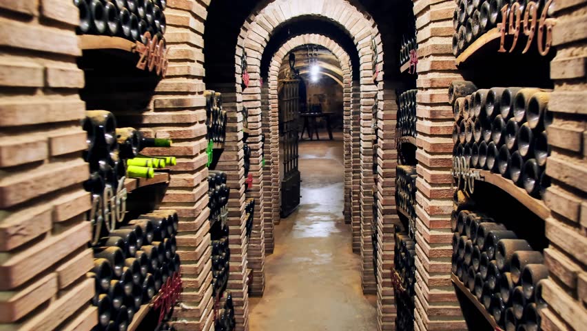 Old bottles with red wine covered in dust in Rioja winecellars Spain. Winemaking process includes wine aging in wooden barrels under perfect conditions producing luxury high-quality wine.