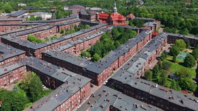 Aerial view of the historic Nikiszowiec District in Katowice, Poland. Unique former mining settlement with characteristic red brick buildings. Important example of industrial heritage. - Powered by Shutterstock - Get 15% off with code: PIKWIZARD15