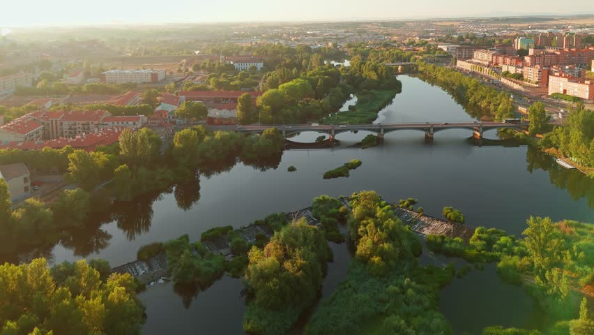 Aerial view of the historic cityscape of Salamanca at sunrise, Castilla y Leon, Spain. Medieval city, Salamanca Cathedral, Torre del Clavero, and the historic University. UNESCO World Heritage Site