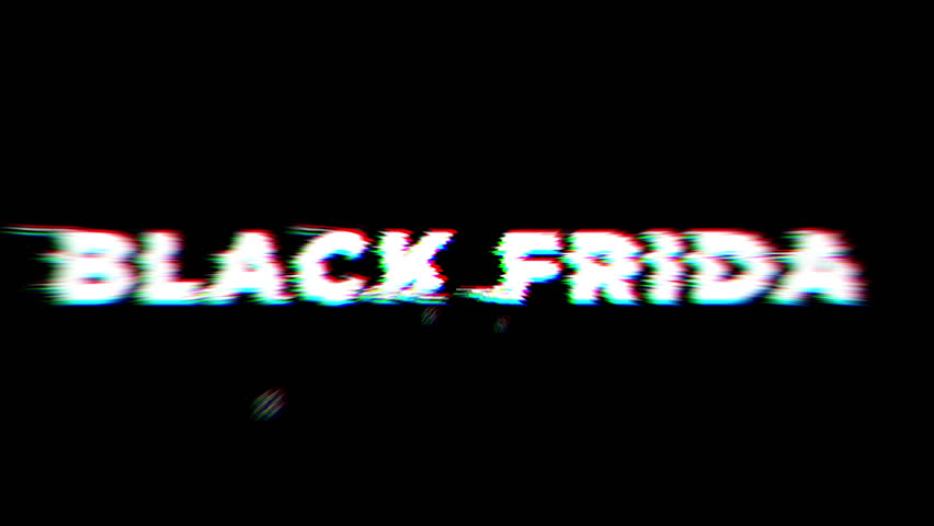 black background bold white letters with chromatic aberration, retro vhs style glitch transforms into clear black friday headline, energetic opener for digital ads and social promotions