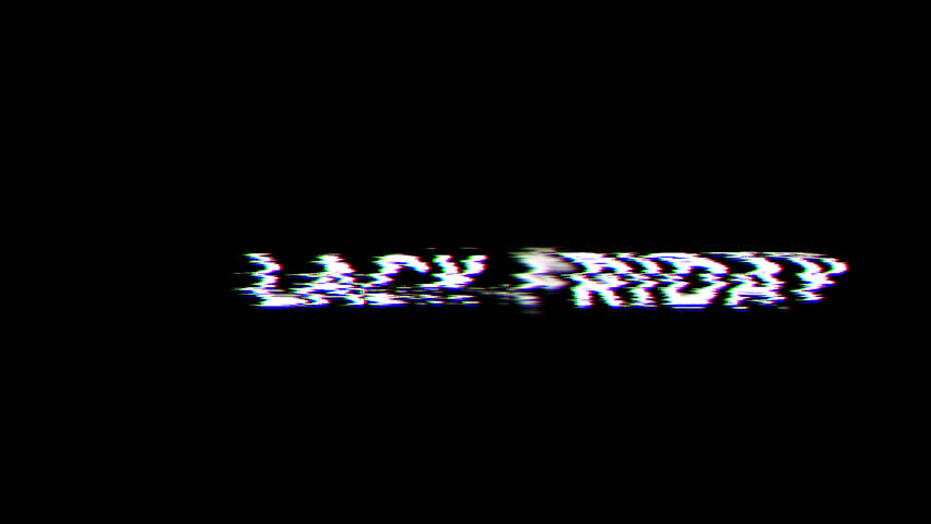 dynamic visual effects shift from interference to clear retail branding, animation of distorted glitch text morphing into sleek black friday promotional headlines on black background