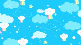 Seamlessly looping animated background pattern featuring stylized white clouds, colorful rainbows, and yellow stars on a vibrant blue sky. Ideal for children's media or whimsical projects. - Powered by Shutterstock - Get 15% off with code: PIKWIZARD15
