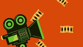 Retro Movie Camera and Film Strips Floating on Orange Background - Powered by Shutterstock - Get 15% off with code: PIKWIZARD15