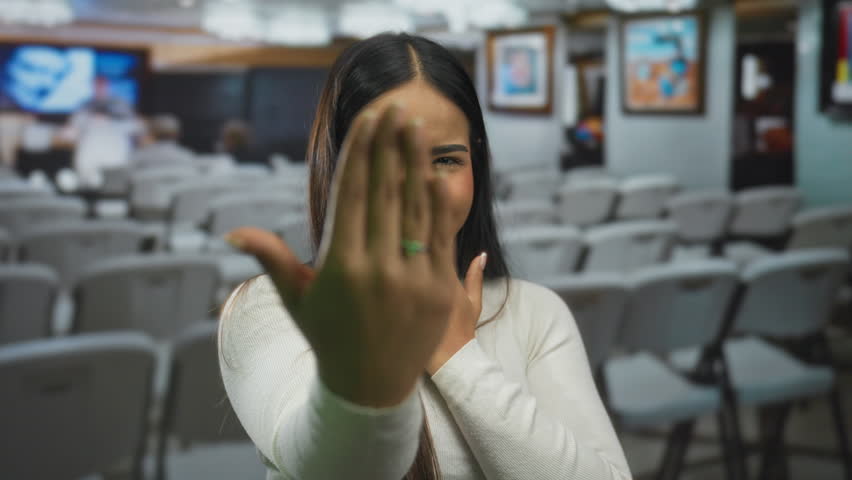 Woman holds ring showing excitement in a gallery art exhibit as a young latin hispanic observer admires outdoor engagement moment.