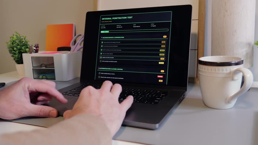 Male Information Technology Security Engineer Running Through an Internal Penetration Test Checklist Web Form - Corporate Cybersecurity Concept - Powered by Shutterstock - Get 15% off with code: PIKWIZARD15