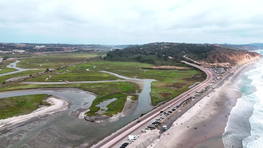 Aerial nature landscape of wetlands and beach summer day in southern San Diego California CA USA