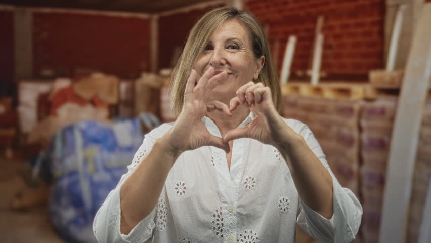Smiling middle age woman forming heart shape with hands in a building under construction; gratitude love.