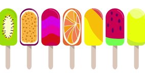 A 4K resolution loop animation of colorful fruit frozen juice popsicles or ice cream treats on a white background, perfect for summer dessert themes. - Powered by Shutterstock - Get 15% off with code: PIKWIZARD15