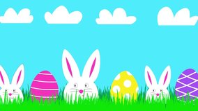  A festive animated banner featuring three funny white rabbits and colorful Easter eggs in green grass, celebrating Easter with bright, cheerful visuals. - Powered by Shutterstock - Get 15% off with code: PIKWIZARD15