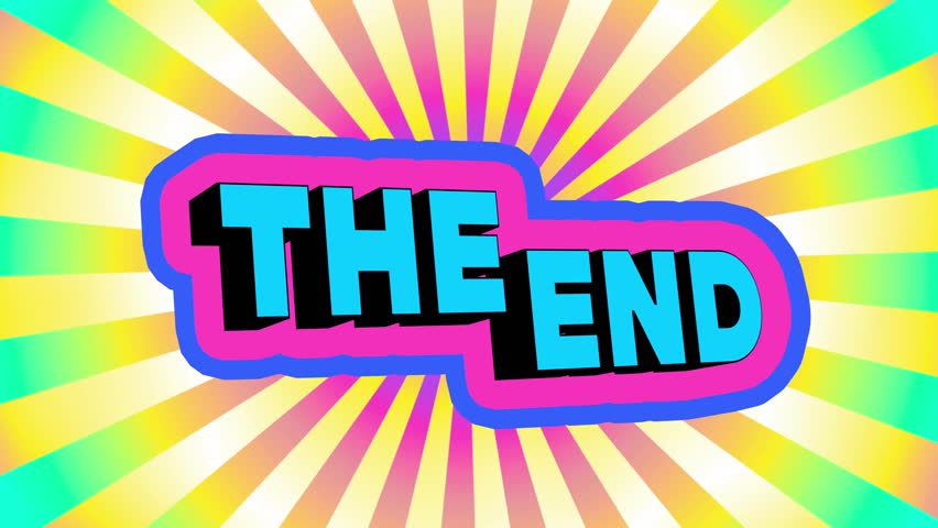 A bright 3D "The End" text animation on a colorful background, designed as film final credits with kinetic typography in 4K resolution.