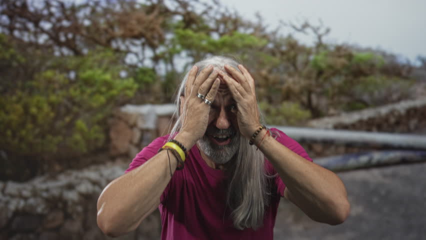 Man with hands on head and long gray hair in forest wearing magenta shirt and bracelets, standing on park path; surprise adventure.