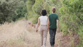 Back view of an affectionate multiracial young couple walking away from the camera holding hands on a country trail with their pet dog - Powered by Shutterstock - Get 15% off with code: PIKWIZARD15
