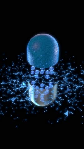 Blue capsule pill with ai text assembling from particles, representing a new medical treatment