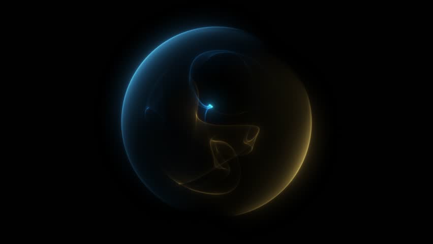 Gradient yellow blue 3D sphere light effects and smooth plasma energy motion. Abstract yellow blue neon transparent ball. loop. Trendy round twisted 3D shape gold turquoise smoke black background.	
