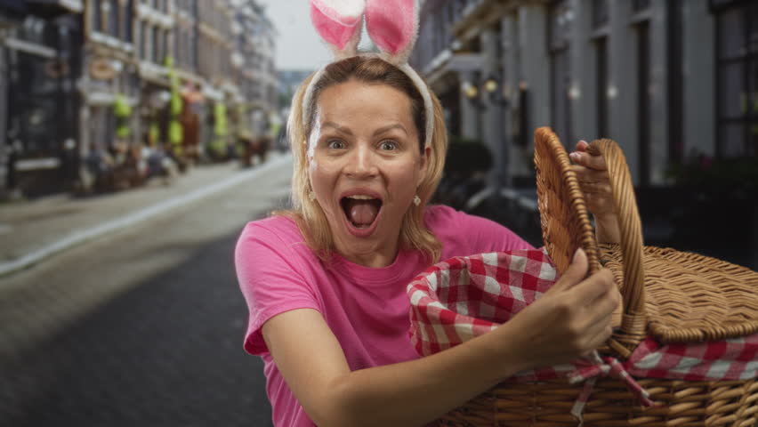 Woman wearing bunny ears lifts sunlit wicker picnic basket lid on historic cobblestone street; discovery magic surprise imagination.