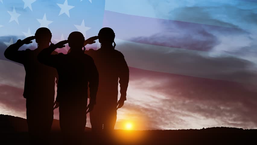 Silhouettes of soldiers saluting on background of sunset or sunrise and USA flag. Veterans Day, Memorial Day, Independence Day. America celebration.
