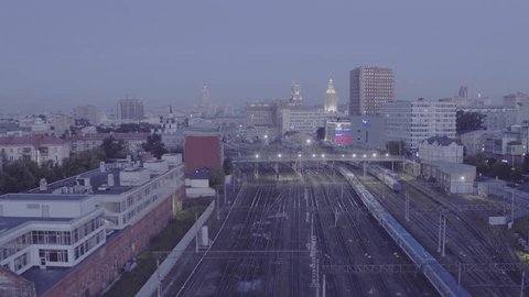 Drone Panorama City Railway Glowing Skyline Twilight