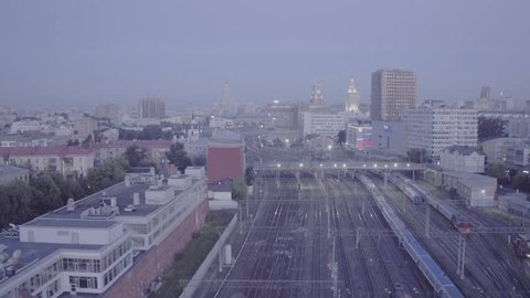 Aerial View Illuminated Railway Downtown Skyline Dusk