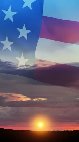 USA flag on sunset or sunrise background. Veterans Day, Memorial Day, Independence Day. USA celebration. Vertical video for social media and stories.