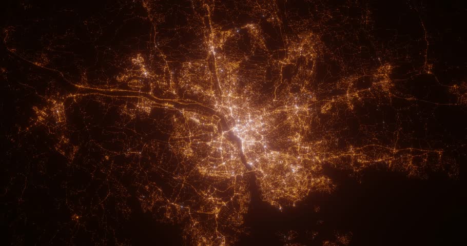 Gothenburg (Sweden) top view at night. Top view on modern city with street lights and glow effect. Camera is zooming in, rotating clockwise. Vertical video. The north is on the left side