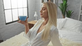 Woman drinking coffee from blue ceramic cup while seated on plush bed with white sheets in bright bedroom; serenity. - Powered by Shutterstock - Get 15% off with code: PIKWIZARD15