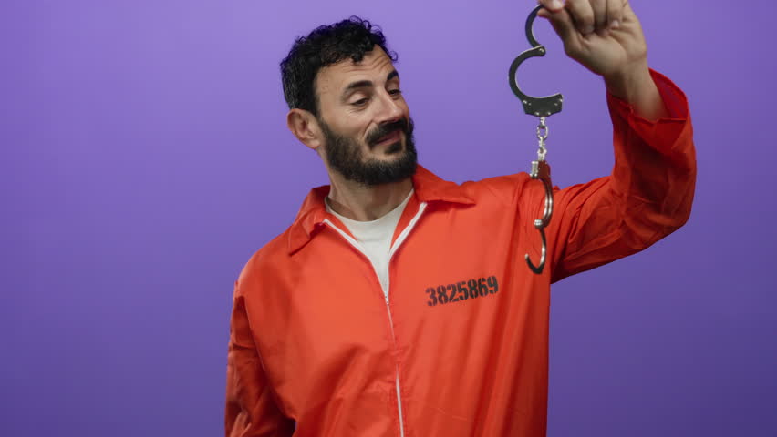 Hispanic man with beard in orange prison jumpsuit holding handcuffs against purple background, symbolizing incarceration and justice system.
