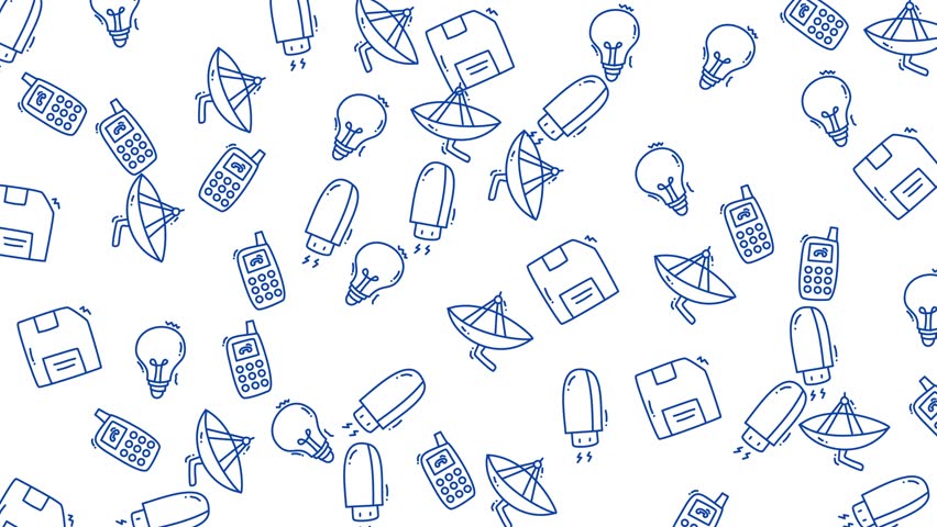 Blue sketched technology items floppy disks, satellites, cell phones, light bulbs. Perfect for techrelated designs, retro themes, or infographics.